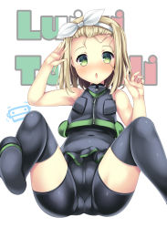 Rule 34 | 1girl, akikaze tsumuji, arm up, bare arms, bare shoulders, black jacket, black thighhighs, blonde hair, blush, bodysuit, character name, commentary request, covered navel, diving suit, forehead, green eyes, hair ribbon, hairband, hand up, jacket, kantai collection, knees up, looking at viewer, luigi torelli (kancolle), nose blush, parted lips, ribbon, shoe soles, sleeveless, sleeveless jacket, solo, text background, thighhighs, wetsuit, white background, white hairband, white ribbon