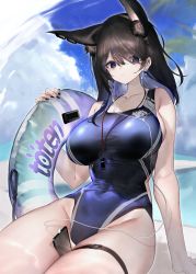 Rule 34 | 1girl, absurdres, animal ears, blue eyes, blue one-piece swimsuit, blue sky, breasts, brown hair, cellphone, cloud, competition swimsuit, ear piercing, earbuds, earphones, fox ears, hair ornament, highres, innertube, inumata ichini, large breasts, long hair, ocean, one-piece swimsuit, original, phone, piercing, sky, swept bangs, swim ring, swimsuit, thigh strap, whistle, whistle around neck