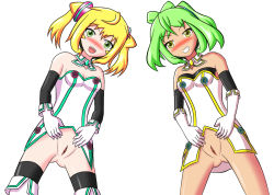 Rule 34 | 2girls, anus, black legwear, blonde hair, blush, boots, breasts, collarbone, detached collar, detached sleeves, dress, from below, gloves, green dress, green eyes, green hair, grin, hacka doll, hacka doll 1, hacka doll 4, kongjian cuoluan, long hair, long sleeves, looking at viewer, looking down, multiple girls, no panties, open mouth, ponytail, pussy, sleeveless, sleeveless dress, small breasts, smile, standing, teeth, thigh boots, thighhighs, twintails, uncensored, white background, white dress, white footwear, white gloves, yellow dress, yellow eyes