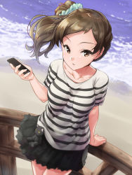 Rule 34 | 10s, 1girl, bad id, bad pixiv id, blurry, breasts, brown eyes, brown hair, cellphone, cloud, cloudy sky, day, depth of field, fisheye, highres, idolmaster, idolmaster million live!, k.sho, kitazawa shiho, long hair, looking at viewer, medium breasts, phone, scrunchie, shirt, shore, side ponytail, sky, smartphone, solo, striped clothes, striped shirt