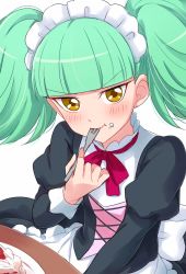 Rule 34 | &gt;:t, 10s, 1girl, :t, apron, biburi (precure), black dress, blunt bangs, blush, cake, commentary, dress, eating, food, food on face, fork, green hair, highres, holding, holding fork, juliet sleeves, kirakira precure a la mode, long hair, long sleeves, looking at viewer, maid apron, maid headdress, neck ribbon, plate, precure, puffy sleeves, red ribbon, ribbon, sekina, simple background, solo, twintails, v-shaped eyebrows, white background, yellow eyes