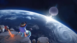 Rule 34 | 1girl, black hat, blue hair, blue skirt, commission, destiny (game), dress, earth (planet), faceless, fruit hat ornament, ghost (destiny), hat, hat ornament, hinanawi tenshi, hyoutan tan, long hair, looking away, peach hat ornament, planet, puffy short sleeves, puffy sleeves, rainbow order, rock, shirt, short sleeves, sitting, skirt, solo, space, sword of hisou, touhou, traveler (destiny), white shirt