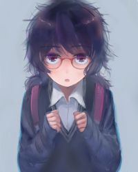 Rule 34 | 1girl, asasow, backpack, bag, blue background, cardigan, glasses, jimiko, looking at viewer, messy hair, open mouth, original, purple eyes, purple hair, school uniform, shirt, simple background, sleeves past wrists, solo
