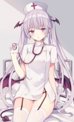 Rule 34 | 1girl, absurdres, bed, black panties, breasts, buttons, demon girl, demon tail, demon wings, double-breasted, garter straps, gloves, hand up, hat, head wings, highres, hospital bed, long hair, looking at viewer, no pants, nurse cap, original, panties, parted lips, purple eyes, shirt, short sleeves, silver hair, sitting, small breasts, solo, stethoscope, tail, thighhighs, thighs, tsuzaki tsunomi, twintails, underwear, very long hair, white gloves, white shirt, white thighhighs, wings