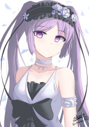 Rule 34 | 1girl, absurdres, bare shoulders, black bow, black hairband, bow, closed mouth, commentary request, dress, euryale (fate), euryale (third ascension) (fate), fate/hollow ataraxia, fate (series), flower, frilled hairband, frills, hairband, highres, long hair, petals, purple eyes, purple hair, rose, sato art, signature, sleeveless, sleeveless dress, solo, twintails, twitter username, upper body, very long hair, white dress, white flower, white rose