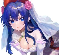 Rule 34 | 1girl, :d, blue eyes, blue hair, breasts, bridal veil, cleavage, dress, feather trim, fire emblem, fire emblem: the binding blade, fire emblem heroes, flower, frills, gloves, gold trim, highres, jurge, lilina (bridal) (fire emblem), lilina (fire emblem), long hair, looking at viewer, medium breasts, nintendo, open mouth, pink flower, pink rose, red headwear, rose, smile, solo, veil, wedding dress, white dress, white flower, white gloves, white rose