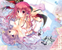 Rule 34 | 2girls, antique phone, bat wings, blush, book, breast press, breasts, chess piece, chessboard, corded phone, cover, crescent, demon tail, elbow gloves, girl on top, gloves, hair ornament, head wings, interlocked fingers, koakuma, large breasts, long hair, looking at viewer, multiple girls, nipples, patchouli knowledge, pekopokox, phone, pointy ears, purple eyes, purple hair, red eyes, red hair, ribbon, rotary phone, smile, symmetrical docking, tail, thighhighs, touhou, white gloves, white legwear, wings, yuri