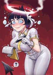 Rule 34 | ?, angel, artist name, azazel (helltaker), black hair, blue eyes, blunt bangs, bow, breasts, cross, dated, demon tail, gloves, hair bow, halo, helltaker, large breasts, leaning forward, pants, pen, red background, shaking, short hair, short sleeves, sketchbook, smile, steam, sweat, nervous sweating, tail, white bow, white gloves, white pants, wugedou