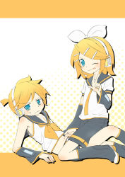 Rule 34 | 1boy, 1girl, bad id, bad pixiv id, blonde hair, blue eyes, bow, brother and sister, cosplay, costume switch, crossdressing, detached sleeves, hair ornament, hairclip, headset, highres, kagamine len, kagamine rin, linco, midriff, nail polish, navel, short hair, shorts, siblings, tongue, trap, twins, v, vocaloid, wink