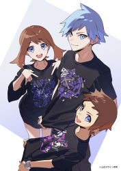 Rule 34 | 1girl, 2boys, :d, absurdres, bad id, bad twitter id, black shirt, blue eyes, blue hair, bracelet, brendan (pokemon), brown hair, character print, closed mouth, commentary request, creatures (company), game freak, highres, jewelry, long shirt, may (pokemon), multiple boys, nintendo, open mouth, pokemon, pokemon rse, shirt, shirt tug, short hair, short sleeves, smile, spiked hair, split mouth, steven stone, t-shirt, teeth, tongue, translation request, upper teeth only, xia (ryugo)