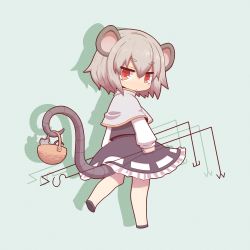 Rule 34 | 1girl, animal ears, bucket, capelet, chibi, dowsing rod, female focus, grey hair, highres, mouse (animal), mouse ears, mouse tail, nazrin, red eyes, short hair, skirt, solo, taiga mahoukan, tail, touhou