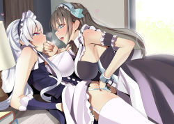 Rule 34 | 2girls, azur lane, belfast (azur lane), breasts, clothed sex, clothes lift, commission, dress, dress lift, finger in another&#039;s mouth, fingering, garter straps, hand in mouth, hand in panties, highres, large breasts, maid, monobe yuri, multiple girls, newcastle (azur lane), panties, skeb commission, smile, thighhighs, thong, underwear, white legwear, yuri