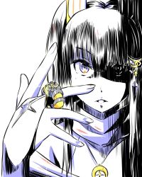 Rule 34 | 1girl, artist request, black hair, close-up, commentary request, crescent, crescent hair ornament, fingernails, granbelm, hair ornament, highres, jewelry, long hair, necklace, ring, shadow, shingetsu ernesta fukami, sketch, solo, straight hair, upper body, white background