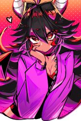 Rule 34 | 1girl, ahoge, black hair, blush, breasts, choker, cleavage, demon girl, demon horns, demon tail, hand on own face, highres, horns, jacket, long hair, looking at viewer, medium breasts, messy hair, multicolored hair, open clothes, open jacket, original, purple hair, red eyes, red hair, swirl (character), tail, usa37107692