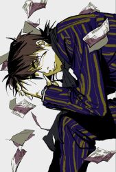 Rule 34 | 1boy, banknote, brown hair, closed mouth, commentary request, expressionless, falling money, feet out of frame, hair between eyes, highres, hyoudou kazuya, jacket, kaiji, leaning forward, looking at viewer, male focus, medium bangs, money, pants, purple jacket, purple pants, red eyes, short hair, simple background, sitting, solo, striped clothes, striped jacket, striped pants, sunglasses, vertical-striped clothes, vertical-striped jacket, vertical-striped pants, white background, zvz (tt82295946)
