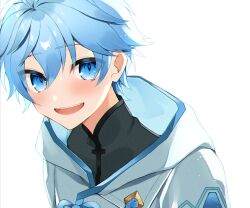 Rule 34 | 1boy, black shirt, blue eyes, blue hair, chinese clothes, chongyun (genshin impact), genshin impact, highres, jacket, looking at viewer, male focus, open mouth, shirt, short hair, simple background, smile, ssk mgm, upper body, white background, white jacket
