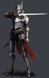 Rule 34 | 1boy, armor, belt, blue eyes, breastplate, clenched hand, full armor, gauntlets, glowing, glowing eyes, greaves, grey background, helmet, holding, holding sword, holding weapon, knight, male focus, mhg (hellma), original, pauldrons, scabbard, sheath, shoulder armor, simple background, solo, standing, sword, torn clothes, weapon