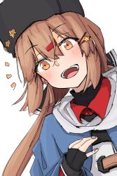 Rule 34 | black bow, black gloves, black hat, blouse, blush, bow, brown eyes, brown hair, commentary request, fingerless gloves, fur hat, gloves, hair between eyes, hair bow, hair ornament, hairclip, hat, highres, kantai collection, long hair, looking at viewer, low twintails, papakha, po0000000000, red shirt, scarf, shirt, smile, solo, star (symbol), star hair ornament, tashkent (kancolle), twintails, white scarf