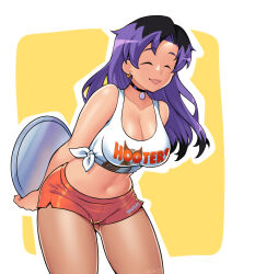 Rule 34 | 1girl, absurdres, animal print, bird print, black hair, blush, breasts, choker, cleavage, closed eyes, clothes writing, collarbone, earrings, highres, holding, hooters, jewelry, large breasts, leaning forward, long hair, looking at viewer, midriff, multicolored hair, navel, orange shorts, owl print, print shirt, purple hair, shirt, short shorts, shorts, sidney (zeshgolden), smile, standing, tank top, tied shirt, tray, two-tone hair, waitress, white shirt, yellow background, zeshgolden