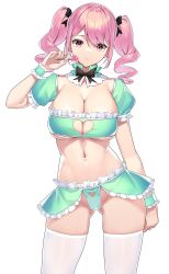 Rule 34 | 1girl, absurdres, black bow, black bowtie, blush, bow, bowtie, breasts, candy, cleavage, cleavage cutout, clothing cutout, detached collar, drill hair, food, hair ribbon, heart cutout, highres, large breasts, lollipop, looking at viewer, navel, original, pink eyes, pink hair, ribbon, short hair, simple background, skindentation, solo, twin drills, twintails, underboob, white background, wrist cuffs, yamanokami eaka