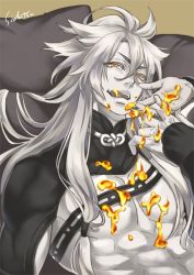 Rule 34 | 10s, 1boy, artist name, chest harness, food on body, hair tubes, hand on own stomach, harness, holding hands, honey, kogitsunemaru, licking lips, lips, long hair, looking at viewer, male focus, nipples, pectorals, shidatsu takayuki, spot color, suggestive fluid, tongue, tongue out, touken ranbu
