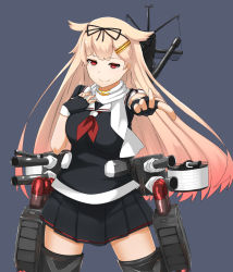 Rule 34 | 10s, 1girl, blonde hair, bow, hair bow, hair flaps, hair ornament, hairclip, highres, kantai collection, long hair, marimo maru, outstretched arm, personification, pleated skirt, red eyes, school uniform, serafuku, skirt, smile, solo, yuudachi (kancolle), yuudachi kai ni (kancolle)