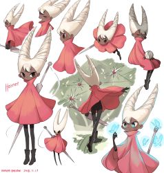 Rule 34 | 1girl, absurdres, animification, bodysuit, boots, bug, butterfly, character name, cloak, dark-skinned female, dark skin, dated, drill hair, glowing butterfly, highres, hollow knight, hornet (hollow knight), humanization, insect, looking at viewer, looking to the side, maga (comicfans100), multiple views, needle, needle (hollow knight), painting (medium), red cloak, sleeping, smile, traditional media, watercolor (medium), white hair