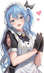 Rule 34 | + +, 1girl, absurdres, apron, black gloves, blue eyes, blue hair, blush, bow, buttons, gloves, hair bow, heart, highres, hololive, hoshimachi suisei, kaiwa, long hair, looking at viewer, maid, maid apron, maid headdress, open mouth, own hands together, smile, teeth, virtual youtuber