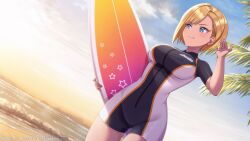 Rule 34 | 1girl, arm up, beach, blue eyes, bodysuit, dark-skinned female, dark skin, diving suit, dolphin wave, dutch angle, earrings, highres, holding, holding surfboard, jewelry, murahaya mashio, official art, one-piece swimsuit, ootomo takuji, short hair, solo, surfboard, swept bangs, swimsuit, wetsuit
