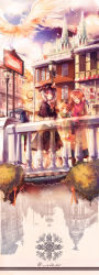 Rule 34 | 3girls, alternate costume, bird, blonde hair, blue hair, building, contemporary, different reflection, english text, engrish text, closed eyes, faceless, flandre scarlet, hat, highres, hong meiling, kirero, long hair, multiple girls, open mouth, ranguage, red eyes, red hair, reflection, remilia scarlet, short hair, smile, touhou, town, water, window