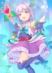 Rule 34 | 1girl, aurora, bad id, bad twitter id, blue background, boots, bow, choker, commentary, frilled skirt, frills, gloves, hair intakes, hair ornament, hairclip, highres, idol, idolmaster, idolmaster cinderella girls, koshimizu sachiko, looking at viewer, magical girl, outstretched hand, purple hair, short hair, skirt, sleeveless, solo, standing, standing on one leg, thigh boots, thighhighs, uso (ameuzaki), wand, yellow eyes