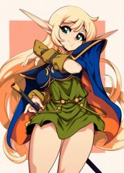 Rule 34 | 1girl, absurdres, arm warmers, blonde hair, blue cape, blush, cape, closed mouth, deedlit, green eyes, highres, holding, holding sword, holding weapon, long hair, orange background, pink background, pointy ears, record of lodoss war, slugbox, smile, solo, standing, sword, thighs, two-tone background, weapon