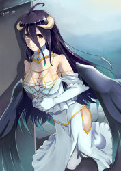 Rule 34 | 1girl, absurdres, albedo (overlord), black hair, breasts, cleavage, collar, collarbone, dress, fingerless gloves, gloves, hair between eyes, highres, horns, long hair, overlord (maruyama), signature, solo, toyozero, white dress, white gloves, wings, yellow eyes