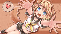 Rule 34 | 1girl, :d, animal ears, blonde hair, blue eyes, brown background, collar, crop top, detached sleeves, dog ears, dog tail, fangs, foreshortening, from above, fur-trimmed legwear, fur trim, hair ornament, hairclip, happy, heart, heart-shaped pupils, kagamine rin, looking at viewer, midriff, momomochi, navel, open mouth, outstretched arms, reaching, reaching towards viewer, sailor collar, shoes, short shorts, short sleeves, shorts, smile, sneakers, socks, solo, speech bubble, spoken heart, symbol-shaped pupils, tail, treble clef, vocaloid