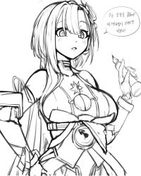 Rule 34 | 1girl, absurdres, breasts, cleavage, cleavage cutout, clothing cutout, commentary, cream bread, english commentary, griseo, griseo (cosmic expression), hair ornament, highres, holding, holding pen, honkai (series), honkai impact 3rd, large breasts, long hair, monochrome, open mouth, pen, simple background, sketch, solo, speech bubble, translation request, upper body, white background