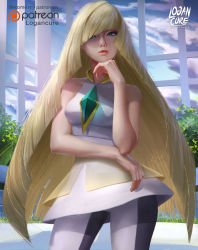 Rule 34 | 1girl, absurdres, arm across waist, artist name, bare shoulders, blonde hair, calligraphy brush, calligraphy brush (medium), cowboy shot, creatures (company), day, dress, game freak, green eyes, hair over one eye, hand on own chin, highres, logan cure, long hair, looking at viewer, lusamine (pokemon), nintendo, paintbrush, patreon logo, patreon username, pokemon, pokemon sm, realistic, sleeveless, sleeveless dress, solo, standing, sunlight, very long hair, watermark, white dress