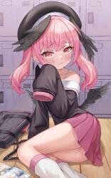 Rule 34 | 1girl, bag, beret, black hat, black shirt, black wings, blue archive, blush, closed mouth, collarbone, commentary, feathered wings, feet out of frame, furrowed brow, hat, head wings, heunggugi, highres, koharu (blue archive), long sleeves, looking at viewer, loose socks, low wings, magazine (object), medium hair, miniskirt, pink eyes, pink hair, pink skirt, pleated skirt, pornography, puffy long sleeves, puffy sleeves, sailor collar, sailor shirt, school bag, school uniform, serafuku, shirt, single bare shoulder, sitting, skirt, sleeves past fingers, sleeves past wrists, socks, solo, spaghetti strap, thighs, twintails, white sailor collar, white socks, wings, yokozuwari