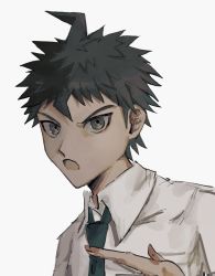 Rule 34 | 1boy, absurdres, ahoge, black hair, brown eyes, collared shirt, commentary request, danganronpa (series), danganronpa 2: goodbye despair, grey background, grey shirt, hand up, highres, hinata hajime, looking at viewer, male focus, open mouth, sema (vivaviva 02), shirt, simple background, solo, spiked hair, white background, white shirt