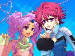 Rule 34 | 00s, 2girls, bad id, bad pixiv id, blue background, earrings, frills, happy, harold berselius, heart, heart of string, jewelry, lipstick, long hair, makeup, meredy (tales), messy hair, multiple girls, nez-doll, pointing, purple eyes, purple hair, red hair, short hair, smile, tales of (series), tales of destiny 2, tales of eternia, twintails