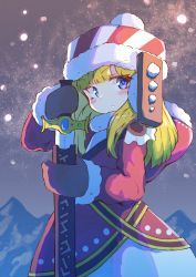 Rule 34 | 1girl, absurdres, blonde hair, blue eyes, blush, closed mouth, commentary request, diagonal stripes, fur-trimmed headwear, fur-trimmed hood, fur-trimmed sleeves, fur trim, highres, holding, holding sheath, holding sword, holding weapon, hood, hood down, hooded jacket, ichi (ichi.colors), jacket, long hair, looking at viewer, mittens, mountain, original, outdoors, red jacket, red mittens, sheath, solo, striped clothes, striped headwear, sword, unsheathing, weapon