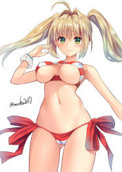 Rule 34 | 10s, 1girl, ahoge, arm at side, bad id, bad pixiv id, bare arms, bare legs, bare shoulders, bead bracelet, beads, bikini, blonde hair, bracelet, breasts, breasts apart, cameltoe, cleavage, closed mouth, collarbone, covered erect nipples, cowboy shot, criss-cross halter, earrings, eyelashes, fate/extra, fate/grand order, fate (series), fingernails, gluteal fold, green eyes, groin, hair between eyes, hair intakes, halterneck, hand up, highres, jewelry, large breasts, legs apart, long fingernails, long hair, looking at viewer, medium breasts, midriff, mofukofusukaya, navel, nero claudius (fate), nero claudius (fate) (all), nero claudius (swimsuit caster) (fate), scrunchie, side-tie bikini bottom, sidelocks, simple background, smile, solo, standing, stomach, striped bikini, striped clothes, swimsuit, twintails, twitter username, underboob, white background, wrist scrunchie