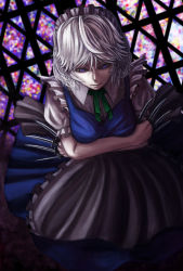 Rule 34 | 1girl, apron, blue dress, breast rest, breasts, dagger, dark, dress, dutch angle, expressionless, from above, izayoi sakuya, knife, maid headdress, mmm (mikito), puffy sleeves, short hair, short sleeves, silver hair, solo, touhou, waist apron, weapon