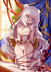 Rule 34 | + +, areola slip, azur lane, backlighting, bare arms, bare shoulders, blush, bound, bound legs, breasts, clothes lift, clothes pull, collarbone, commentary request, curtains, detached collar, double bun, flower, full body, gluteal fold, hair bun, hair ribbon, head tilt, highleg, highleg panties, highres, indoors, kneeling, le malin (azur lane), licking lips, lifting own clothes, long hair, looking at viewer, nipple slip, nipples, on bed, panties, pantyhose, pantyhose pull, pillow, rhineheim, ribbon, ribbon bondage, rose, sidelocks, silver hair, skindentation, skirt, skirt lift, small breasts, smile, string panties, sunlight, symbol-shaped pupils, thigh gap, thong, tongue, tongue out, underwear, very long hair, wavy hair, white legwear, white panties