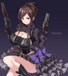 Rule 34 | 1girl, alternate breast size, belt, black footwear, black gloves, black skirt, boots, bow, breasts, brown hair, character name, chest harness, cleavage, cleavage cutout, clothing cutout, dorothy (princess principal), dual wielding, female focus, frilled skirt, frills, gloves, gradient background, gun, hair bun, handgun, harness, highres, holding, holding gun, holding weapon, holster, huge breasts, layered skirt, long hair, long sleeves, looking at viewer, o-ring, parted bangs, parted lips, princess principal, purple background, purple bow, purple eyes, puru (ex-150), revolver, sidelocks, single hair bun, skirt, smirk, solo, thighs, weapon