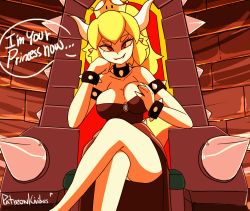 Rule 34 | 1girl, animated, animated gif, blonde hair, blush, bouncing breasts, bowsette, grabbing another&#039;s breast, breasts, breasts out, civibes, clothes pull, crossed legs, crown, dress, dress pull, flashing, grabbing, horns, large breasts, looking at viewer, mario (series), new super mario bros. u deluxe, nintendo, nipples, no bra, patreon username, ponytail, red eyes, sharp teeth, sitting, smile, solo, spikes, strapless, strapless dress, teeth, throne