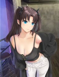 Rule 34 | 1girl, absurdres, black jacket, black tank top, blue eyes, blue nails, breasts, brown hair, cleavage, closed mouth, collarbone, drawstring, fate/stay night, fate (series), hair ribbon, hand on own hip, highres, imaizumi (user yuwf7555), indoors, jacket, leaning forward, long hair, medium breasts, midriff, nail polish, navel, off shoulder, pants, ribbon, solo, tank top, tohsaka rin, two side up, white pants