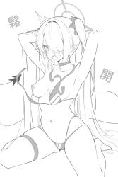 Rule 34 | 1girl, armpits, arms up, bikini, blue archive, blush, bow, breasts, choker, demon tail, fang, hair bow, hair over one eye, halo, highres, iori (blue archive), iori (swimsuit) (blue archive), long hair, medium breasts, monochrome, multi-strapped bikini bottom, navel, nipples, official alternate costume, open mouth, pointy ears, schjuice, sitting, solo, string bikini, swimsuit, tail, thigh strap, translation request, very long hair, wardrobe malfunction, wariza