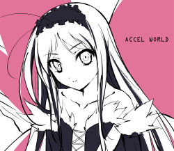Rule 34 | 10s, 1girl, accel world, antenna hair, bad id, bad pixiv id, bare shoulders, butterfly wings, copyright name, elbow gloves, gloves, hairband, insect wings, kuroyukihime, long hair, looking at viewer, monochrome, solo, tabata hisayuki, tabita naoyuki, very long hair, wings