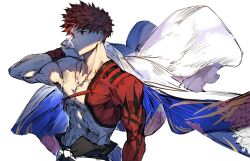 Rule 34 | 1boy, emiya shirou, expressionless, fate/grand order, fate (series), floral print, holding, igote, kamonegi (meisou1998), looking ahead, male focus, red hair, senji muramasa (fate), shadow, short hair, simple background, solo, toned, toned male, upper body, white background, wind, wristband, yellow eyes