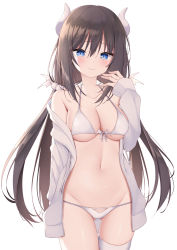 1girl, alternate color, bare shoulders, bikini, blue eyes, breasts, brown hair, collarbone, demon girl, demon horns, eyebrows visible through hair, front-tie bikini, front-tie top, gluteal fold, groin, hair bobbles, hair ornament, hand up, horns, jacket, kamu (geeenius), long hair, long sleeves, looking at viewer, low twintails, navel, off shoulder, open clothes, open jacket, original, slit pupils, small breasts, smile, solo, stomach, string bikini, swimsuit, thigh gap, thigh strap, thighs, twintails, very long hair, white background, white bikini, white jacket